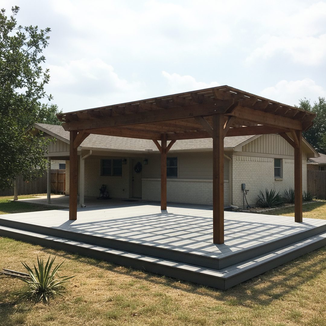 Custom Deck Design completed by Omega Deck Co in Socorro, TX